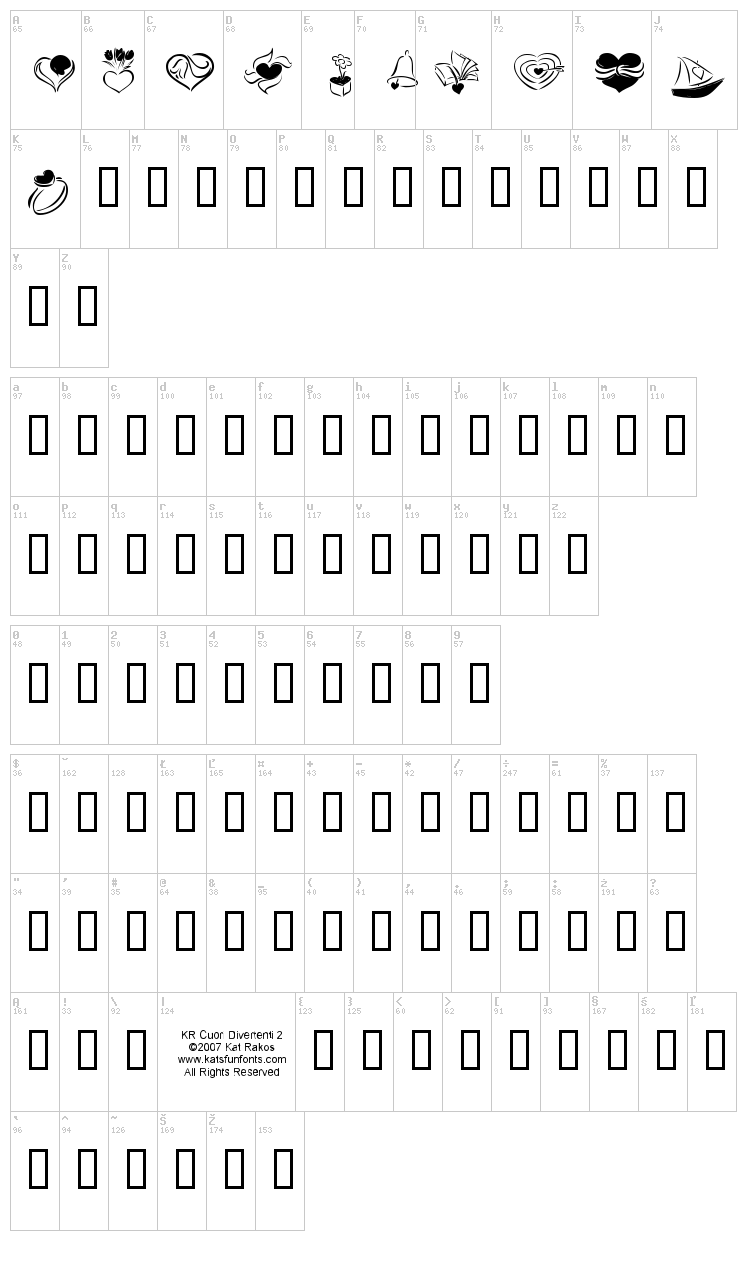 KR Cuori Divertenti 2 font map